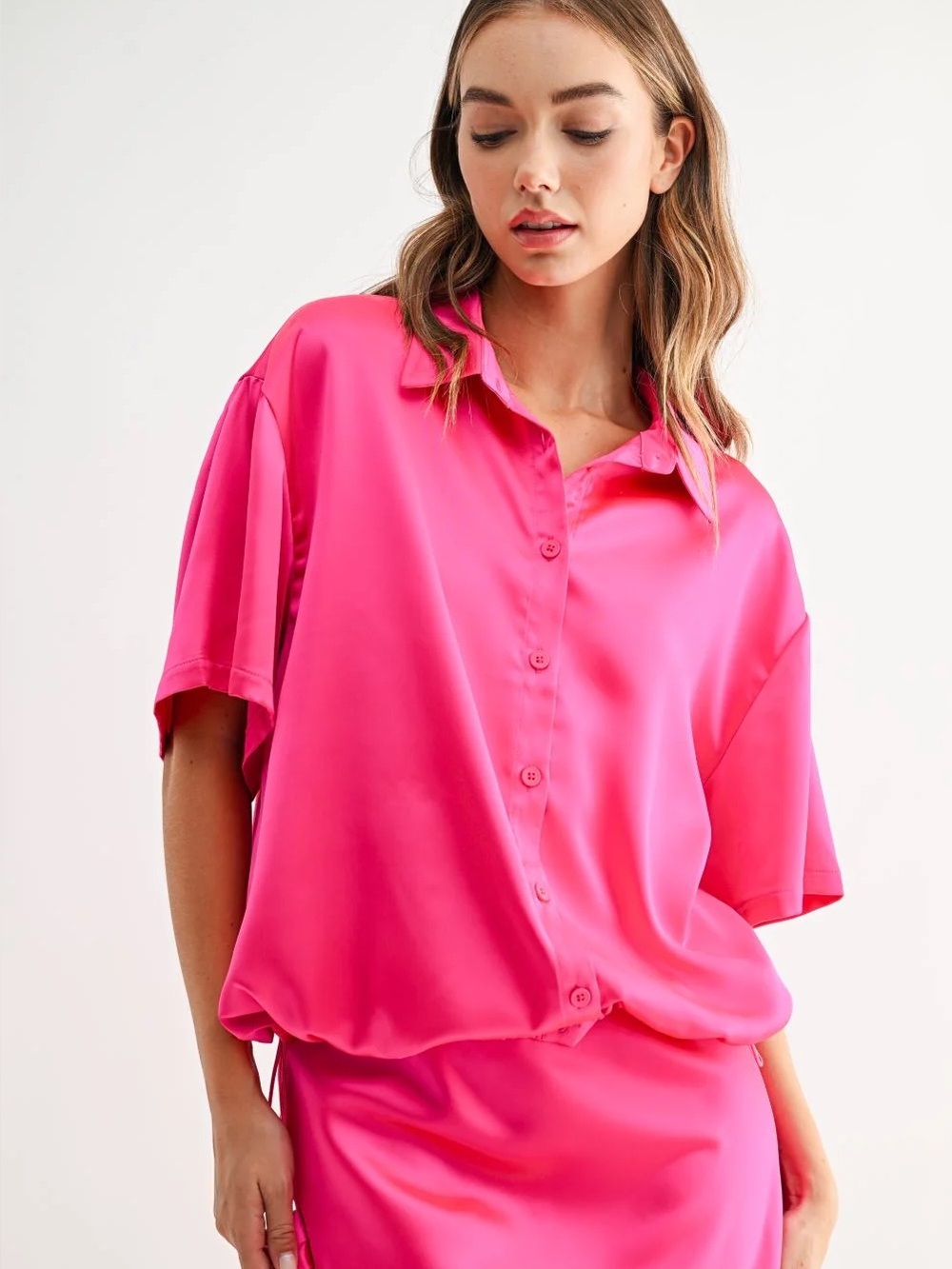 Joh Apparel Hot Pink Satin Silky Janine Top Button Up Cinch Versatile NWOT XS